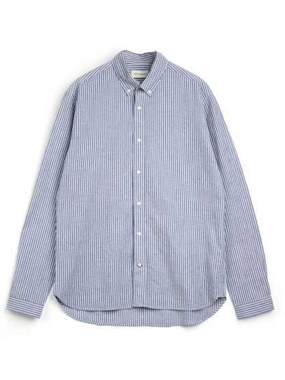 OLIVER SPENCER | Chemise seersucker à rayures blanc "Brook" - Bleu
