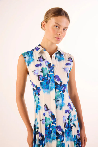 MISA | Robe chemise plissée sans manches ''Charlotte'' - imprimé floral estompé