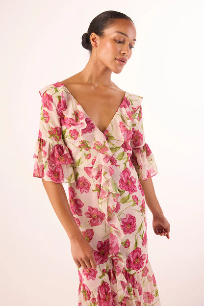 MISA | La robe midi ''Madeline'' - imprimé fleurs fuchsia