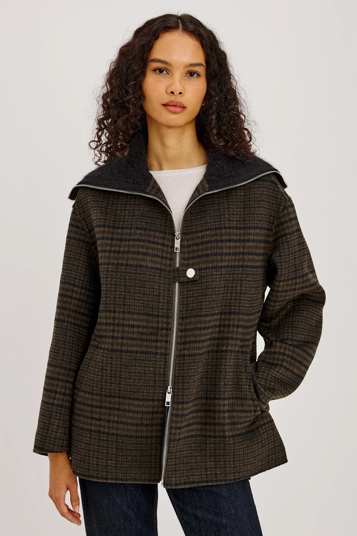 Rails | Manteau en laine à carreaux "Silves" - Brun forêt