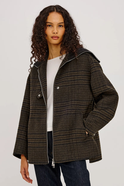 Rails | Manteau en laine à carreaux "Silves" - Brun forêt