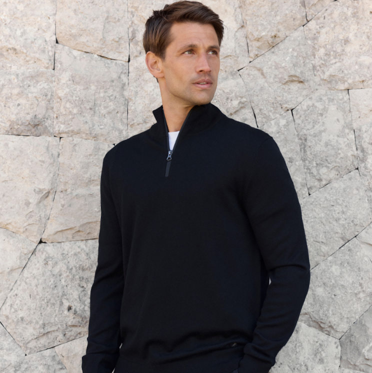 WAHTS | Pull-over demi zippé en laine mérinos ''Luke' - Bleu nuit