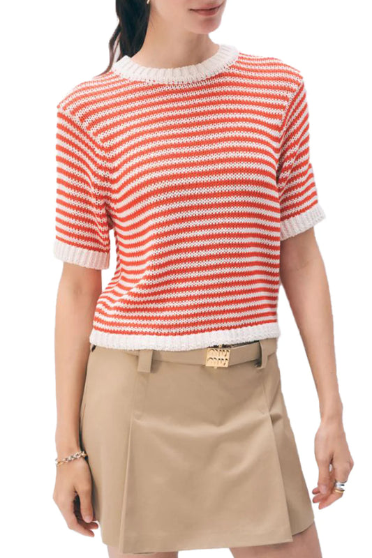 White & Warren | Chandail en coton bio - Blanc cassé et rouge