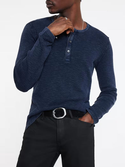 John Varvatos | Pull Henley gaufré "Memphis" - Bleu marine