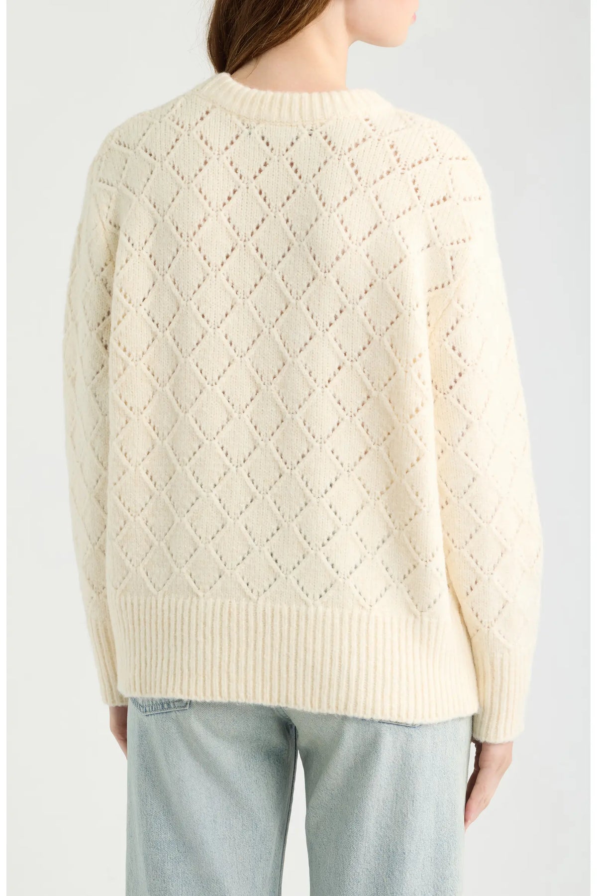 Dèluc | Pull à col rond en tricot pointelle 'Vitosha' | Ecru