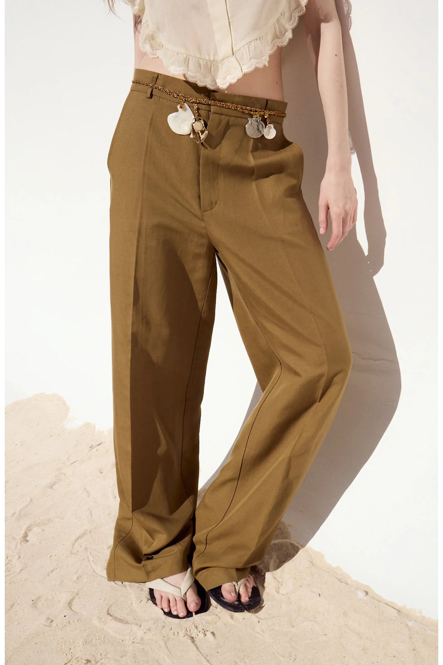 Dèluc | Pantalon à jambes larges 'Bari' en mélange de lin | Vert