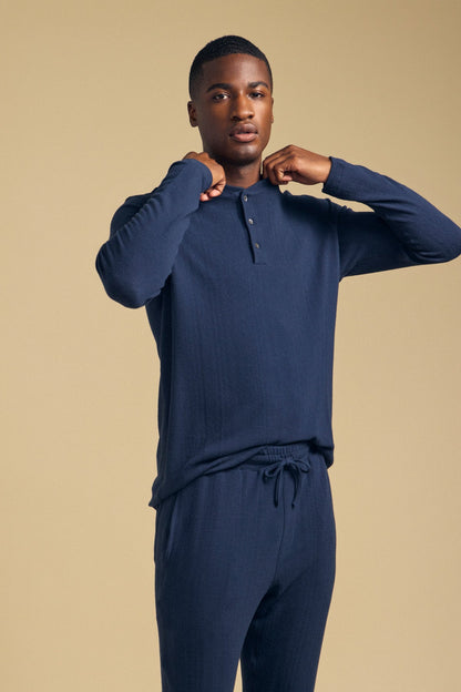 Velvet | T-shirt henley à manches longues "Tyler" - Bleu nuit