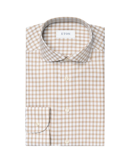 Eton |  Chemise en twill fin à carreaux - Beige / Blanc