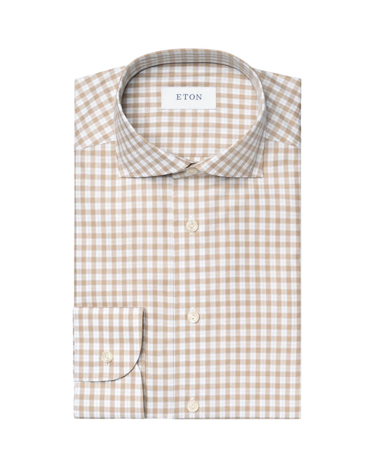 Eton |  Chemise en twill fin à carreaux - Beige / Blanc