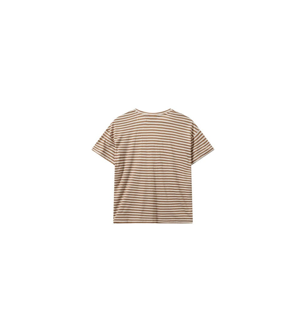 MOS MOSH | T-shirt col V "STRIPE" - Brun/Blanc