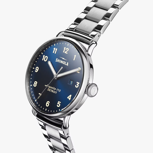 SHINOLA - Montre Canfield 43 mm - Bleu nuit /bracelet argenté