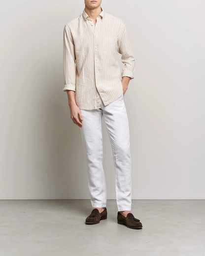 Eton | Chemise boutonnée en lin à rayures, coupe slim - Beige / Blanc