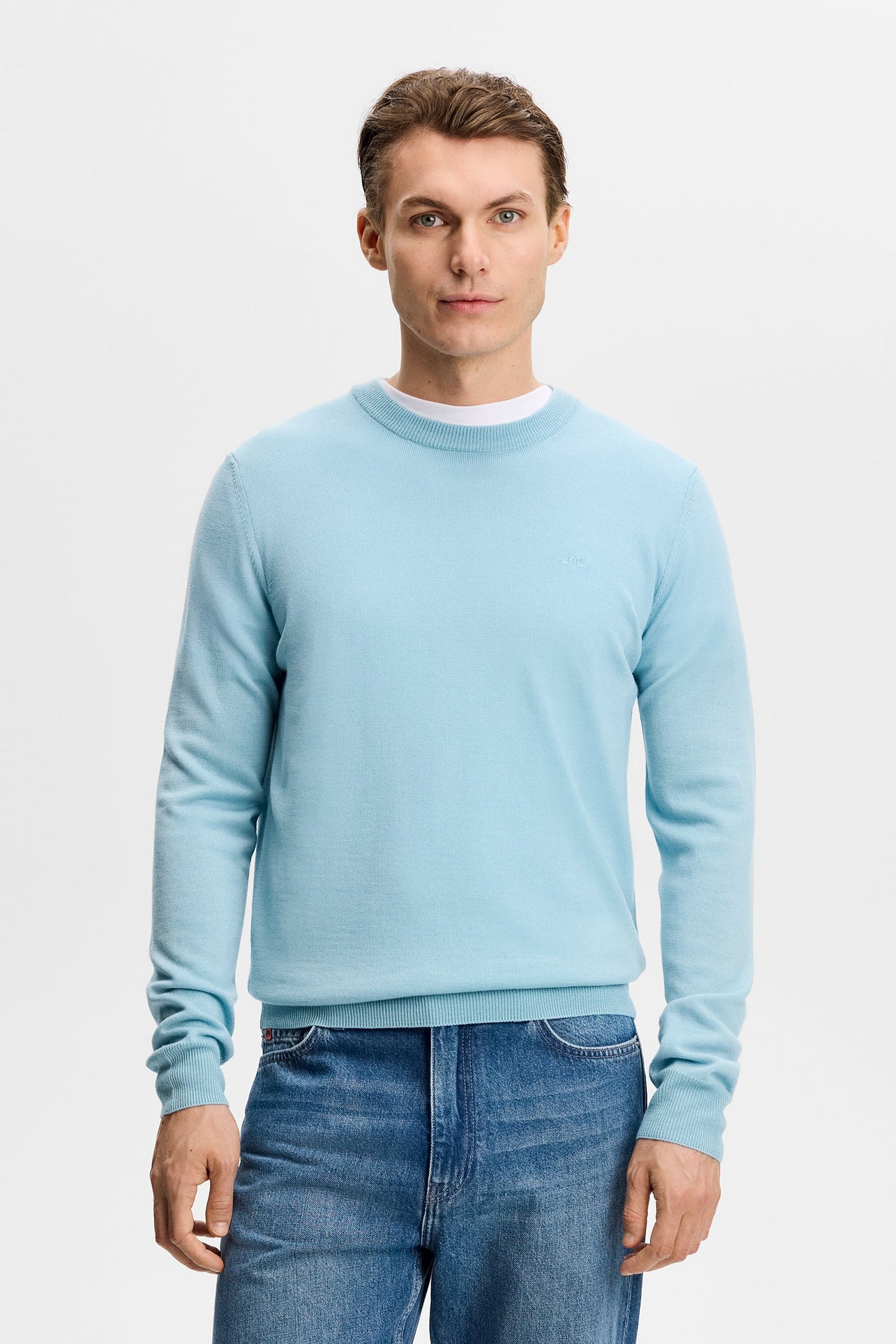 Le pull à col rond ''Keane'' en laine mérinos - Bleu