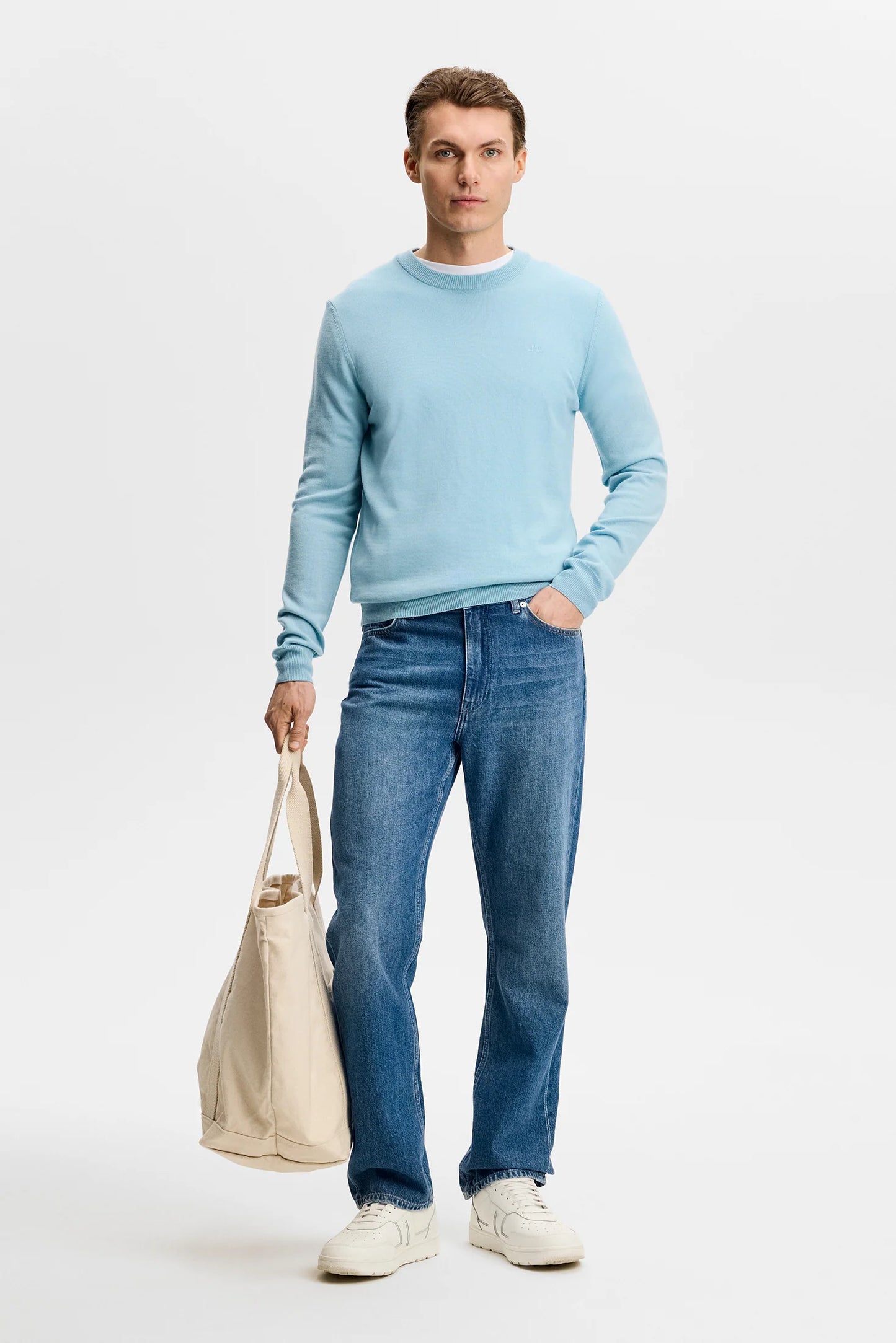 Le pull à col rond ''Keane'' en laine mérinos - Bleu