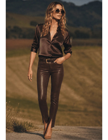 L'AGENCE | Blouse en soie 'Tyler' | Brun
