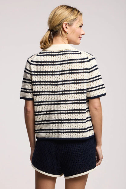 Velvet | Polo ''Lumae'' en maille ajourée - Lait/Bleu marine