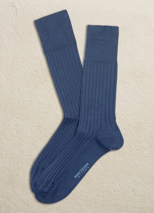 Marcoliani - Chaussettes côtelées en coton égyptien et nylon  - Bleu denim