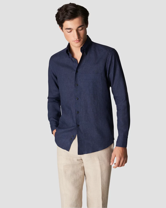 Eton | Chemise boutonnée en lin, coupe slim - Bleu