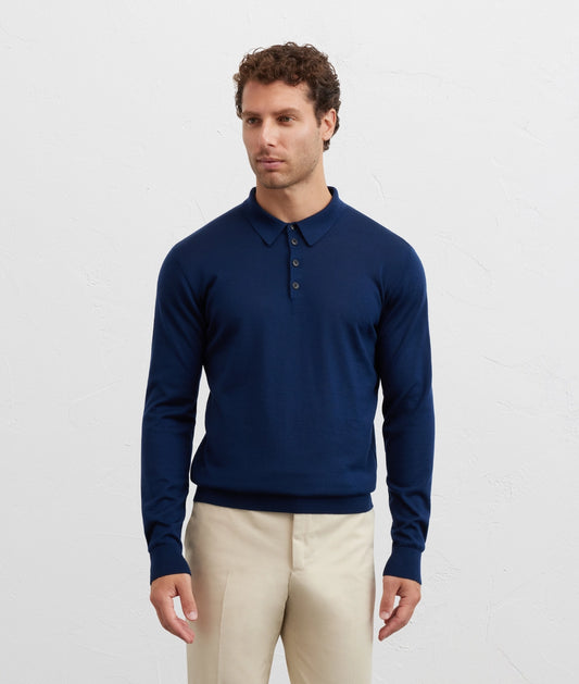 Pal Zileri | Pull polo à manches longues en laine, coupe classique - Bleu marine