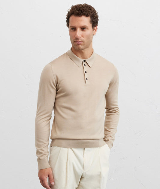 Pal Zileri | Pull polo à manches longues en laine, coupe classique - beige