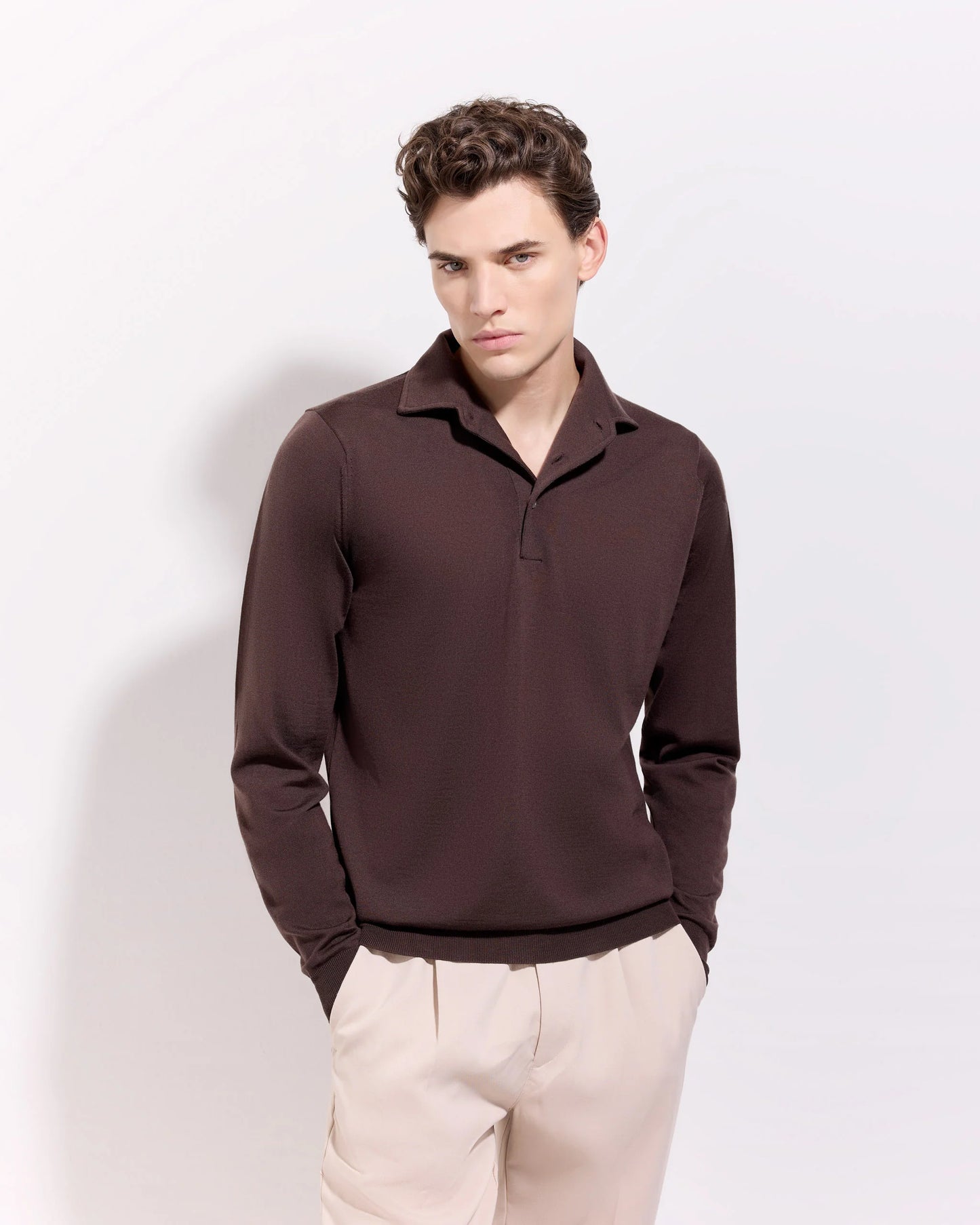 Filippo De Laurentiis |  Polo à col chemise en laine mérinos royale - Marron