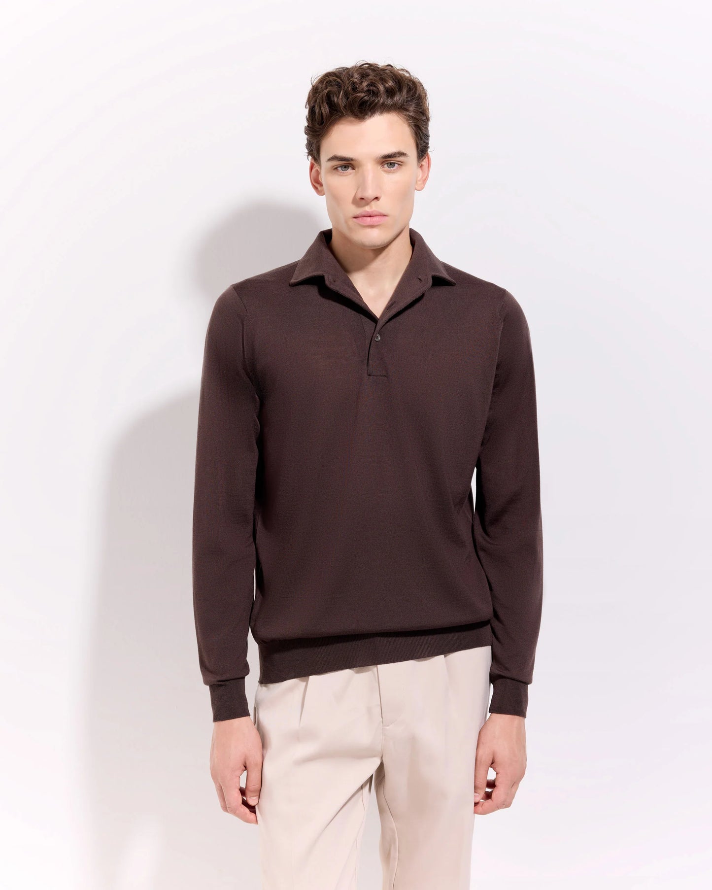 Filippo De Laurentiis |  Polo à col chemise en laine mérinos royale - Marron