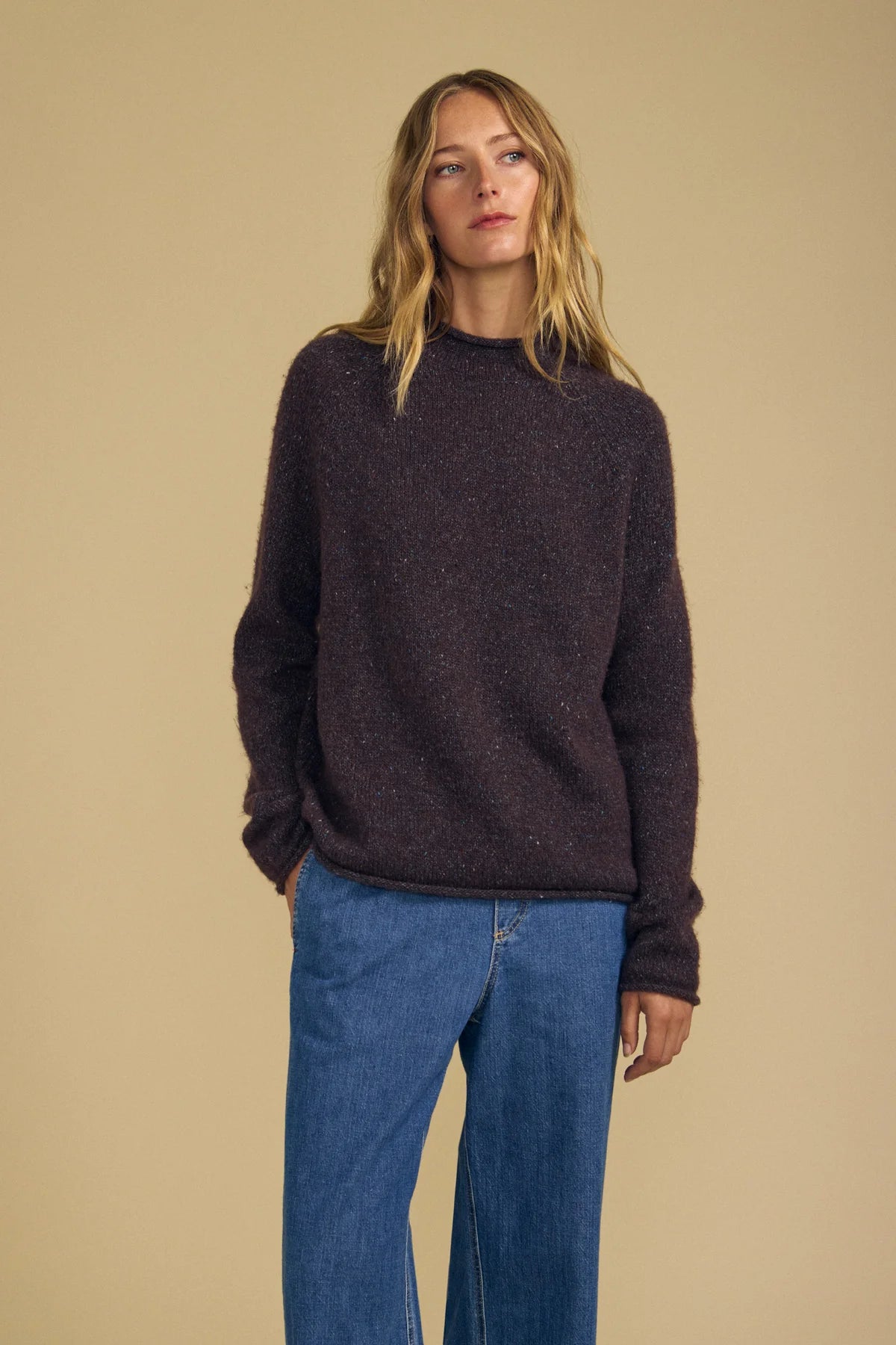 Velvet | Le pull en maille tweed ''Joelle'' | Chocolat