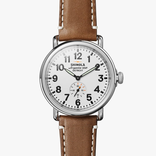Shinola -  Montre Runwell 41mm - cadran blanc cuir marron